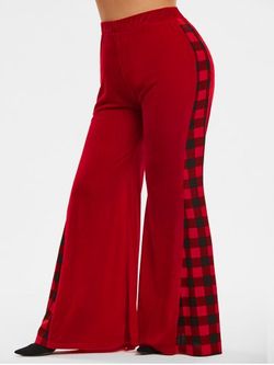 Plus Size Patchwork Plaid Velvet Wide Leg Flare Pants - RED - 3X