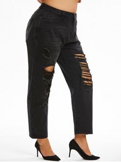 Shredded Distressed Plus Size Boyfriend Straight Jeans - BLACK - 4XL