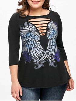 Plus Size Wings Print Ladder Cutout T-shirt - BLACK - 4X