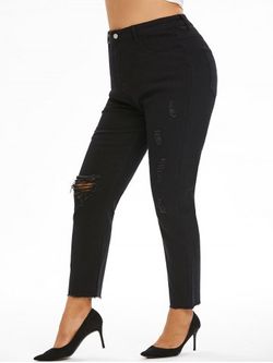 Plus Size&Curve Ripped Raw Hem Stretchy Jeans - BLACK - L