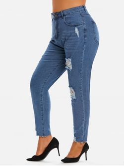 Distressed High Waisted Plus Size & Curve Tapered Jeans - DEEP BLUE - L