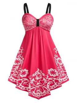 Plus Size&Curve Floral Print Empire Waist Asymmetric Midi Dress - RED - 3X