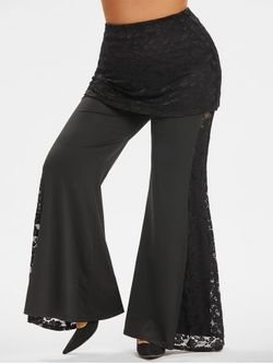 Plus Size&Curve Lace Panel Cinched Flare Wide Leg Pants - BLACK - L