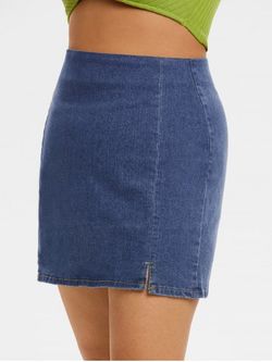 Plus Size & Curve Slit Fitted Denim Jean Skirt - BLUE - 2XL