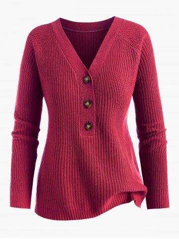 Plus Size Raglan Sleeve Half Button V Neck Jumper Sweater - RED - L