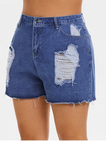 Plus Size & Curve Distressed Frayed Jean Shorts - BLUE - 2XL