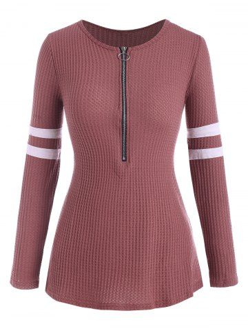 Plus Size Knitted Striped Half Zip T Shirt - DEEP RED - 5XL