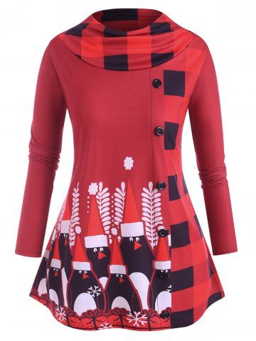 T-shirt de Noël Tunique Boutonné Motif à Carreaux de Grande Taille - RED - XL