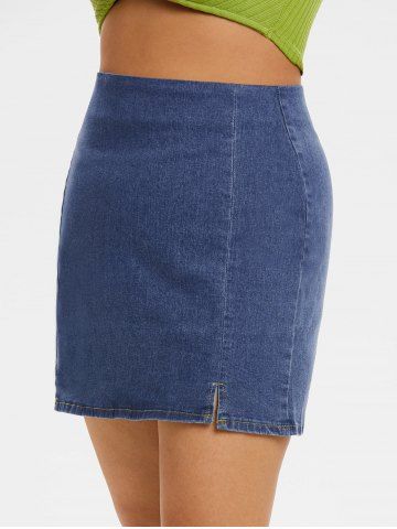 Plus Size & Curve Slit Fitted Denim Jean Skirt - BLUE - 1XL