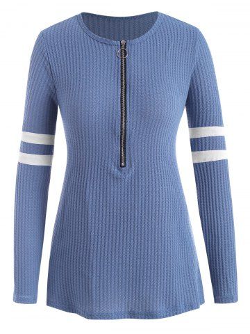 Plus Size Knitted Striped Half Zip T Shirt - BLUE - 4XL
