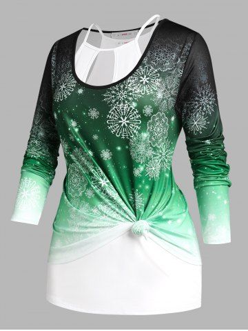 Plus Size Snowflake Print Christmas T-shirt  and Keyhole Tank Top Set