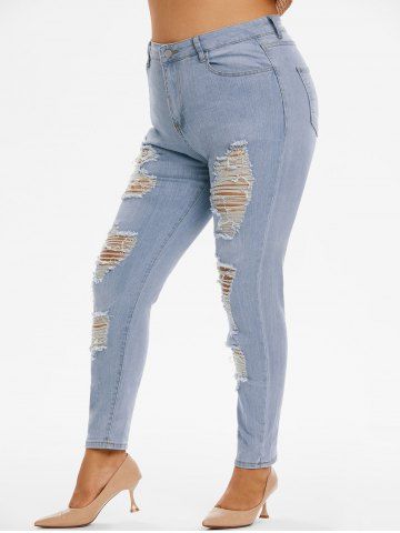 Plus Size & Curve Ripped Distressed Light Wash Jeans - LIGHT BLUE - L