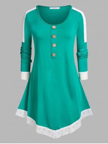 Plus Size Lace Trim Two Tone Irregular T-shirt - DEEP GREEN - 1X