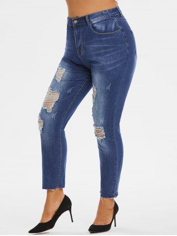 Plus Size Ripped Distressed Frayed Hem Skinny Jeans - BLUE - 1XL
