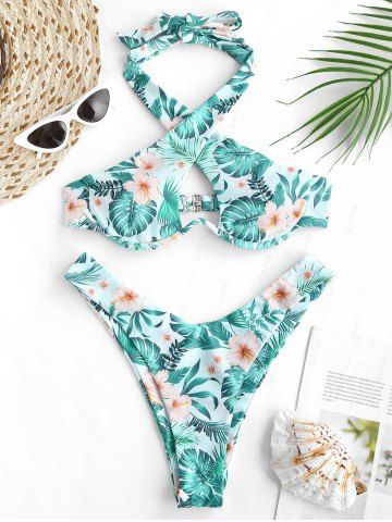 Crossover Halter Floral Palm Leaf Monowire High Leg Bikini Swimwear - GREEN - S