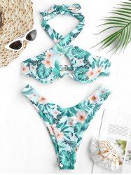 Crossover Halter Floral Palm Leaf Monowire High Leg Bikini Swimwear -  