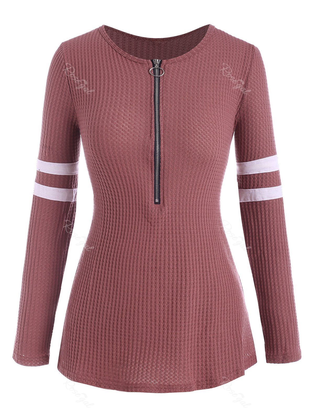 Outfit Plus Size Knitted Striped Half Zip T Shirt  