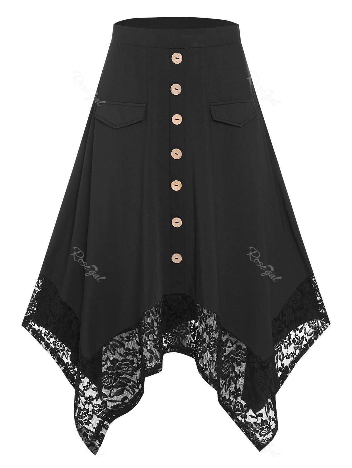 Best Plus Size Hanky Lace Hem High Rise Buttoned Skirt  