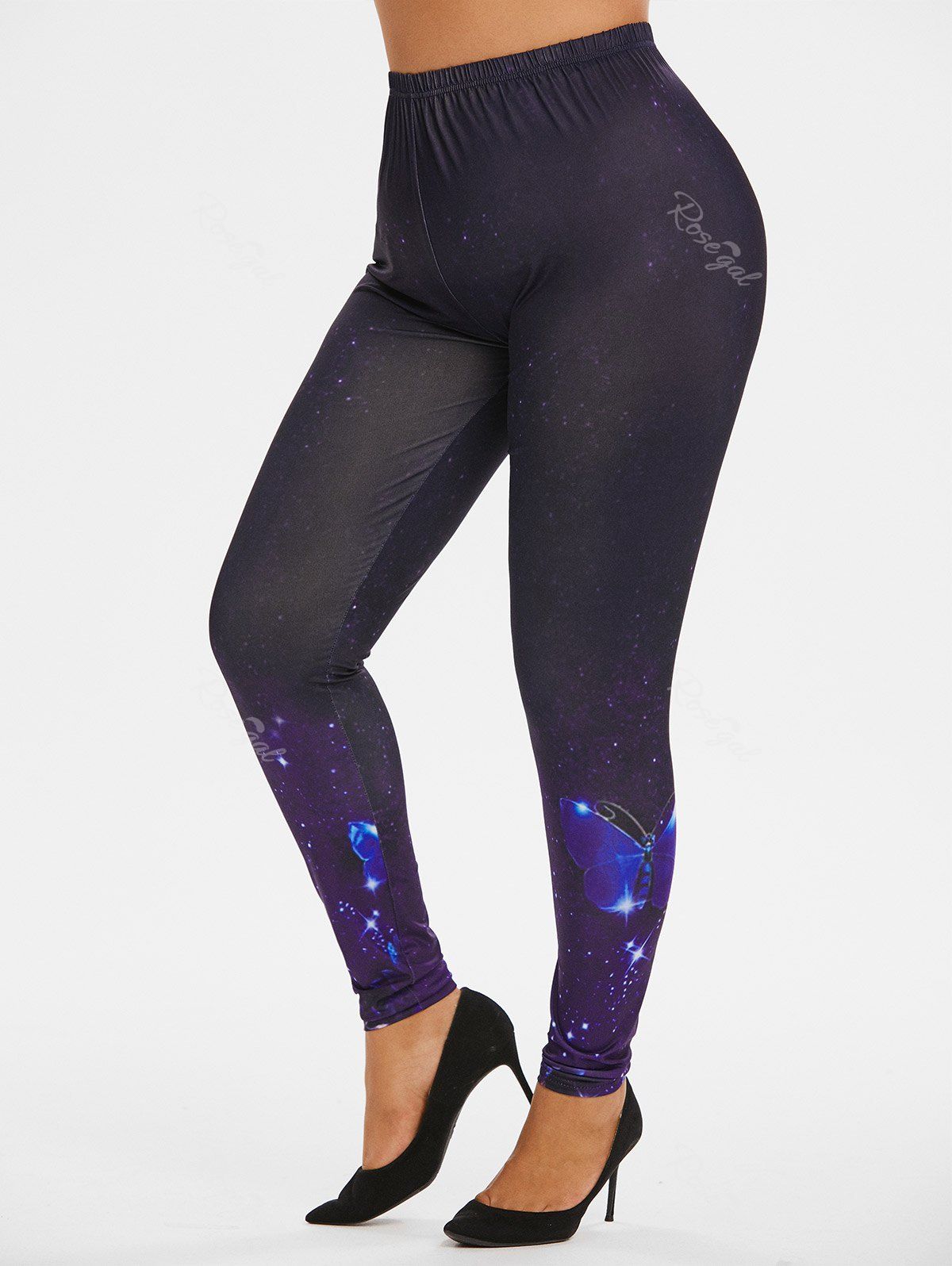Affordable Plus Size Galaxy Butterfly Print High Rise Leggings  