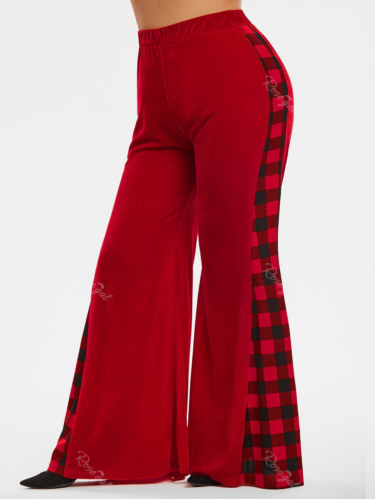Pantalon Évasé en Velours à Carreaux à Jambes Larges Grande Taille Rouge 3X