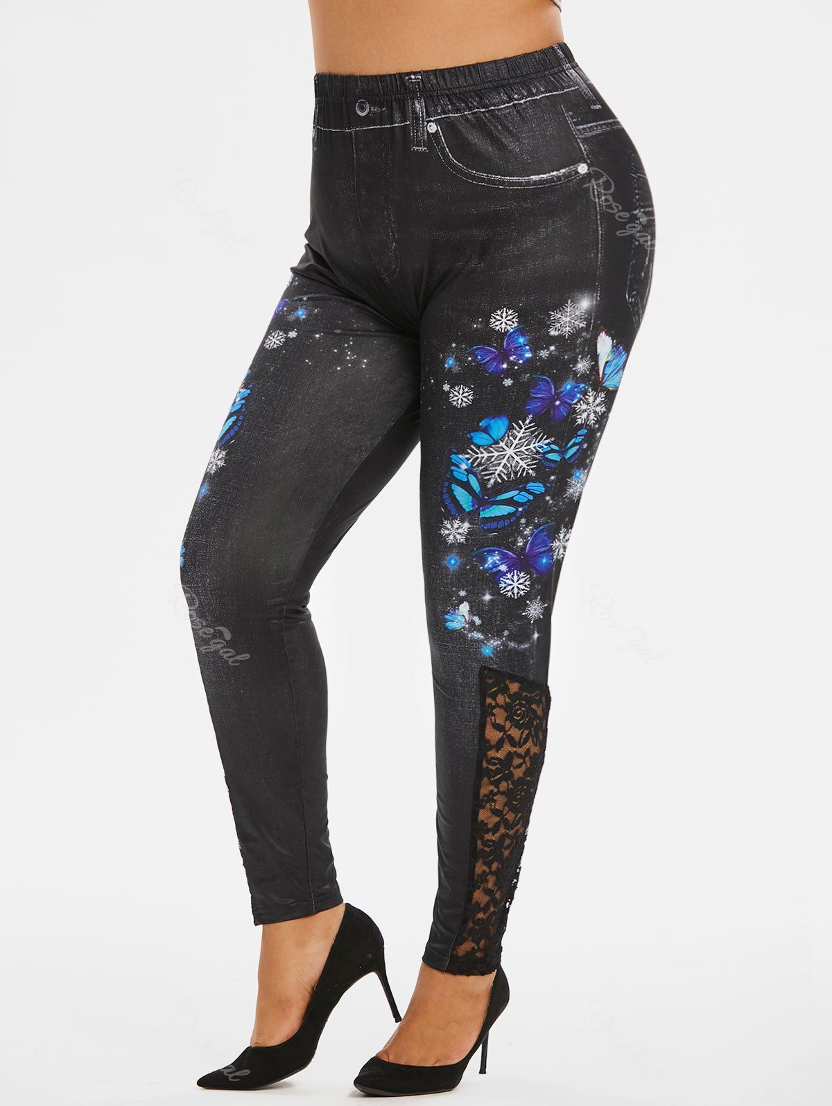 Sale Plus Size Butterfly Snowflake Lace Insert 3D Print Jeggings  