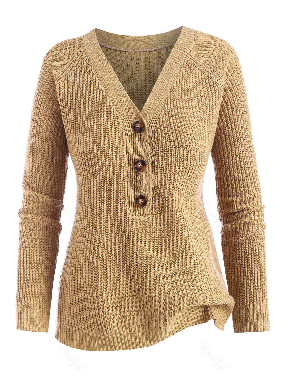New Plus Size Raglan Sleeve Half Button V Neck Jumper Sweater  