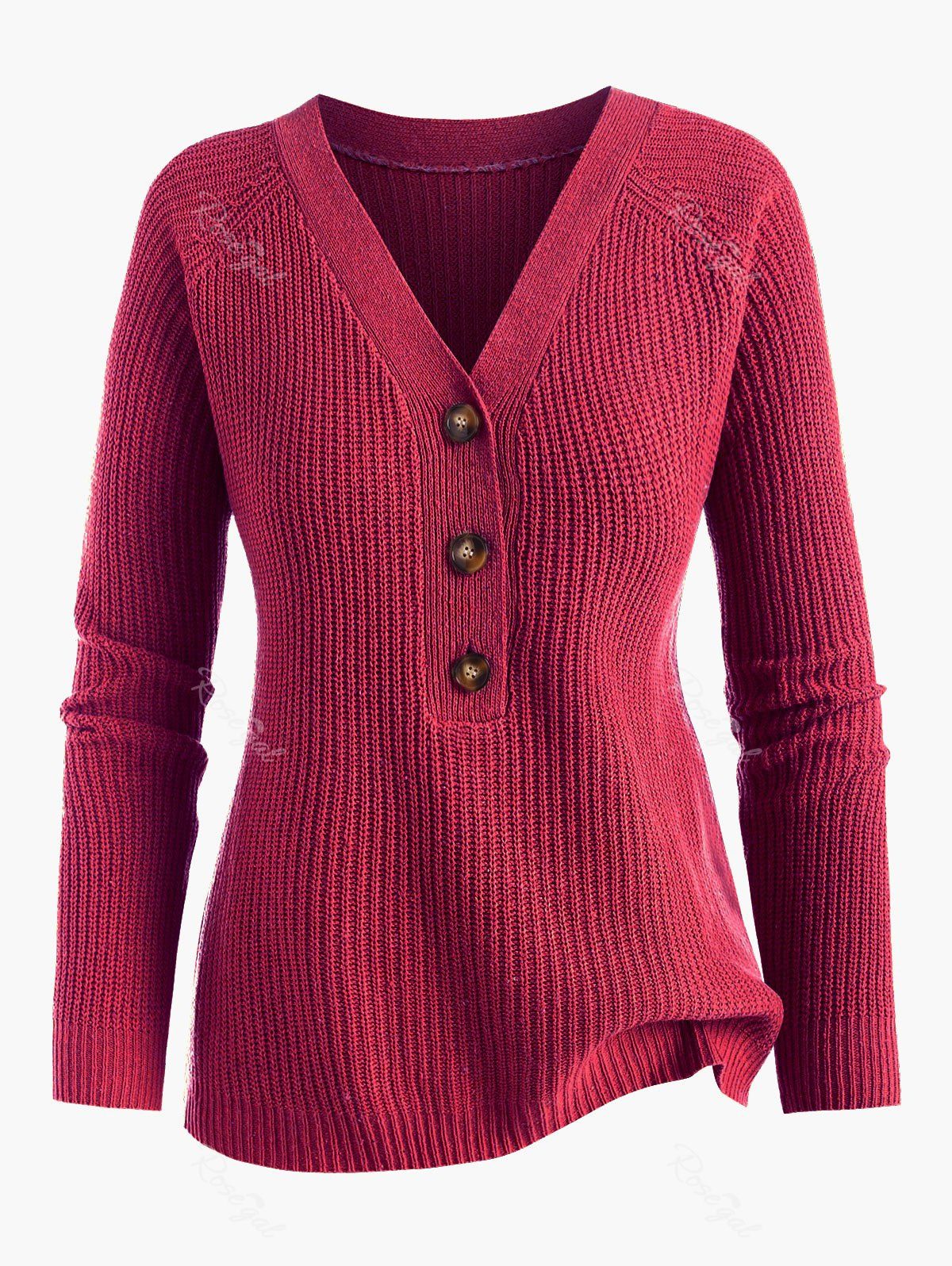 Discount Plus Size Raglan Sleeve Half Button V Neck Jumper Sweater  