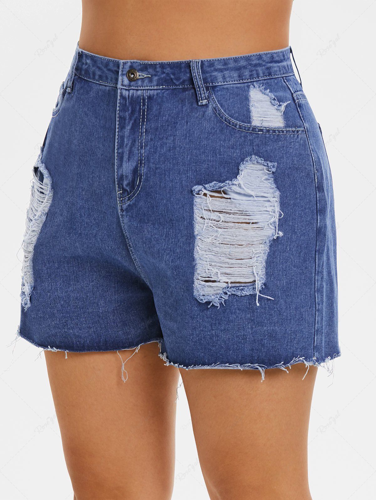 Short Déchiré Ourlet Courbe de Grande Taille en Jean Bleu 2XL