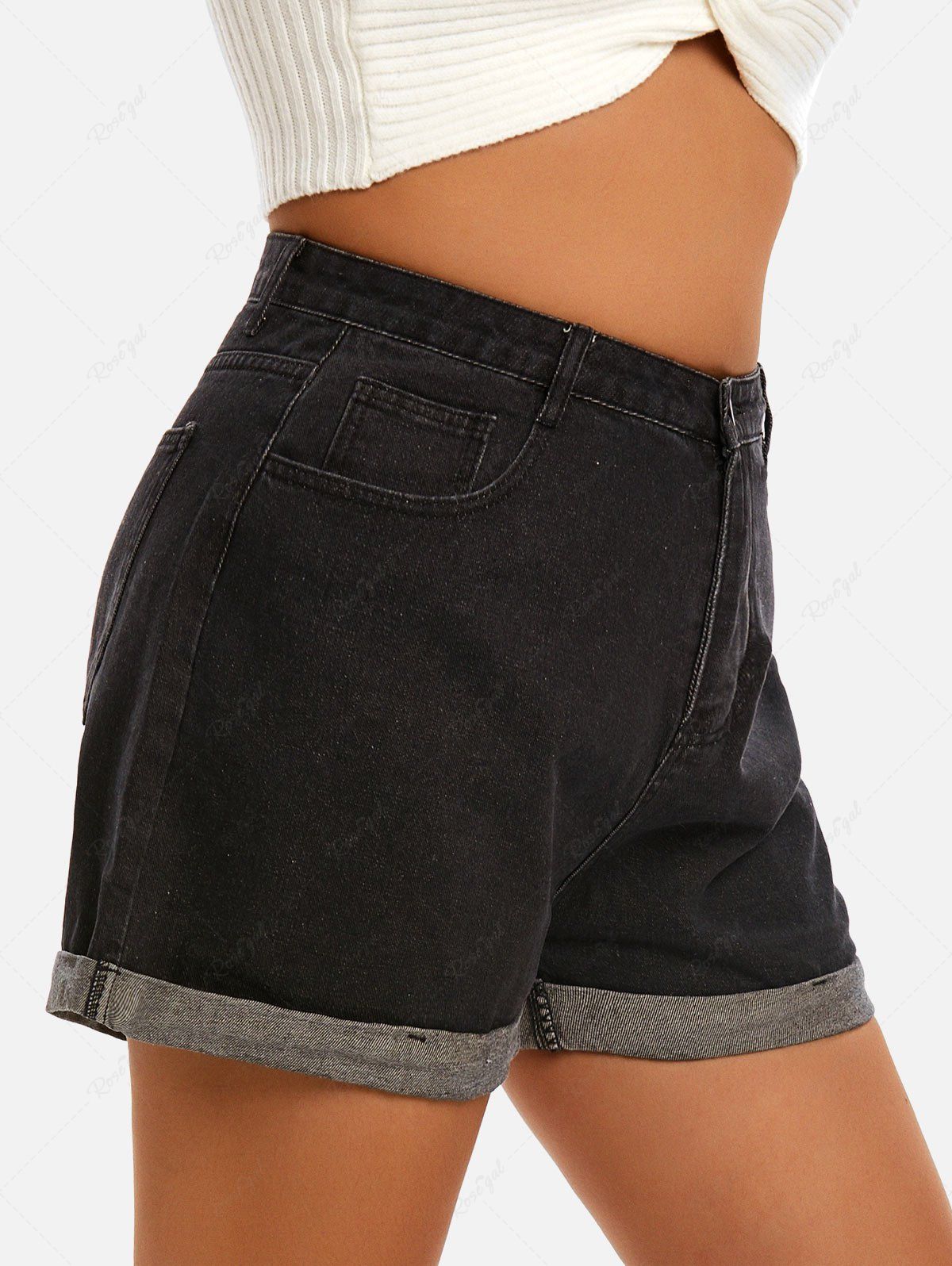 Short Zippé Taille Haute de Grande Taille Ourlet à Revers en Denim Noir 2XL