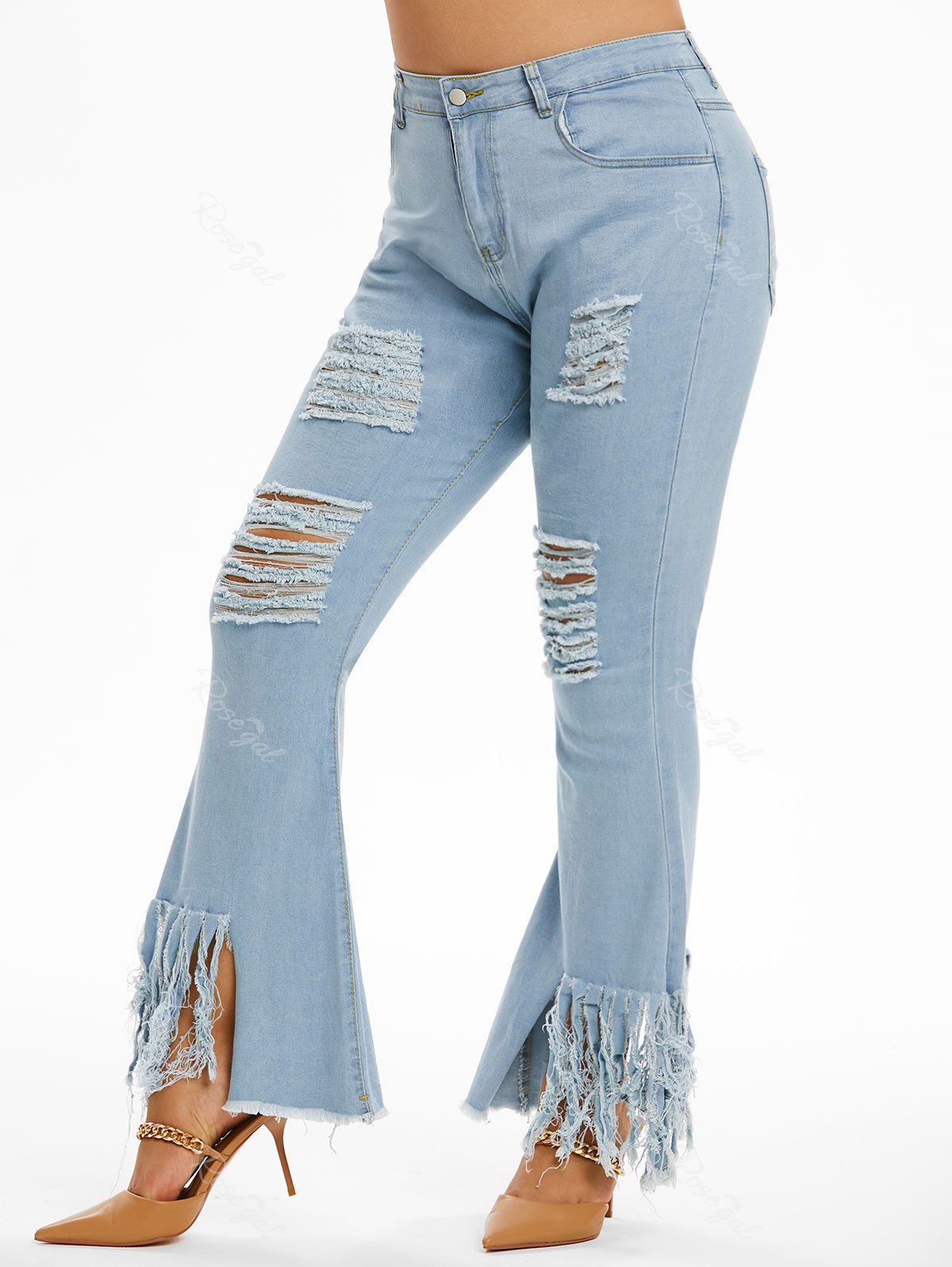 Buy Plus Size & Curve Distressed Fringed Bell Bottom Jeans  