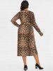 Plus Size Belted Wrap Leopard Midi Dress -  