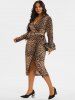 Plus Size Belted Wrap Leopard Midi Dress -  