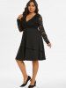 Robe Fleur Plongeante en Dentelle Transparente de Grande Taille à Manches Longues - Noir 1X