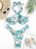 Crossover Halter Floral Palm Leaf Monowire High Leg Bikini Swimwear -  