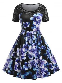 Plus Size Lace Panel Floral Print Knee Length 1950s Dress - MULTI - L