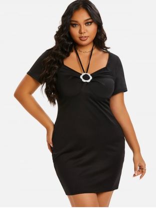 Plus Size Halter Tie Ruched Flower Ring Bodycon Dress