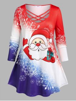 Plus Size Santa Claus Snowflake Print Crisscross Christmas T-shirt - RED - 5X