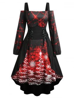 Plus Size Printed Off The Shoulder Christmas Midi Dress and Lace Up Corset Long Top Set - BLACK - L