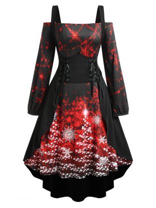 Plus Size Printed Off The Shoulder Christmas Midi Dress and Lace Up Corset Long Top Set