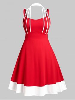 Plus Size Strappy Halter Colorblock Flare Midi Dress - RED - 1X
