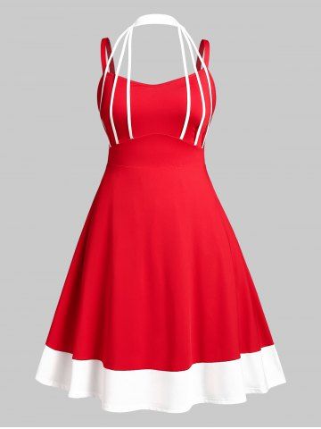 Plus Size Strappy Halter Colorblock Flare Midi Dress - RED - 3X