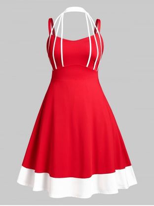 Plus Size Strappy Halter Colorblock Flare Midi Dress