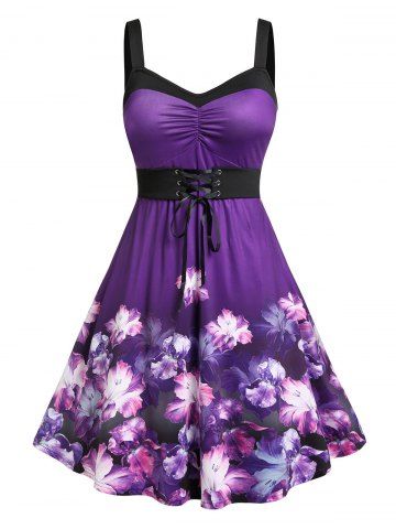 Plus Size Lace Up Watercolor Flower Cami Dress - PURPLE - 1X