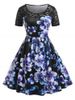 Plus Size Lace Panel Floral Print Knee Length 1950s Dress -  