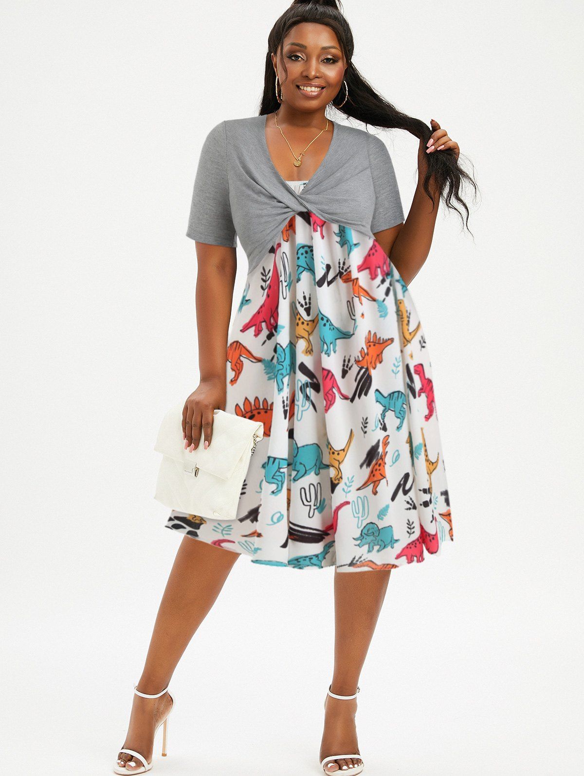 Rosegal Womens Plus Size Cami Dress Casual Dinosaur Print Ruffle with Twist Top 