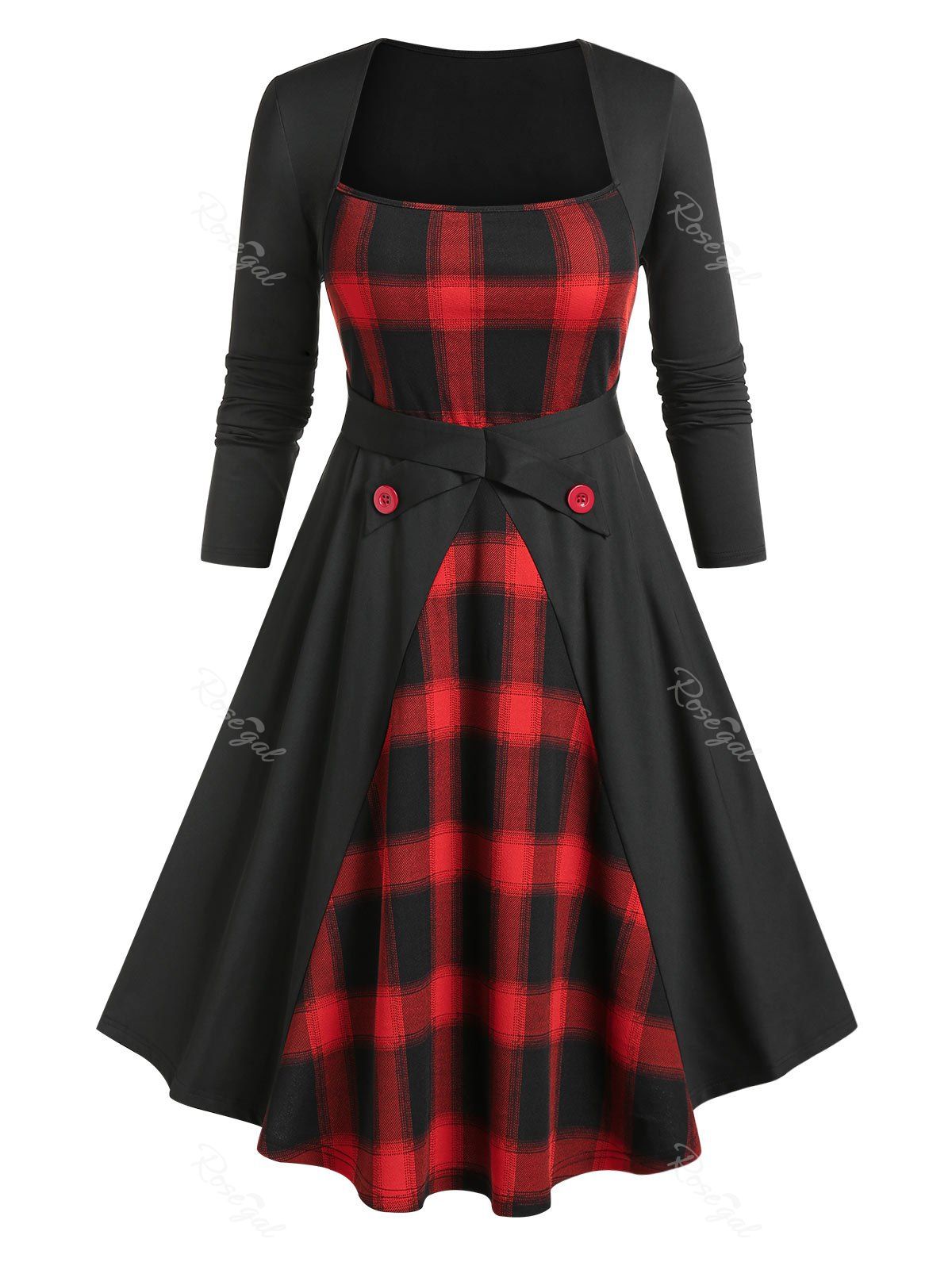 Store Plus Size Plaid Midi Fit and Flare Dress  