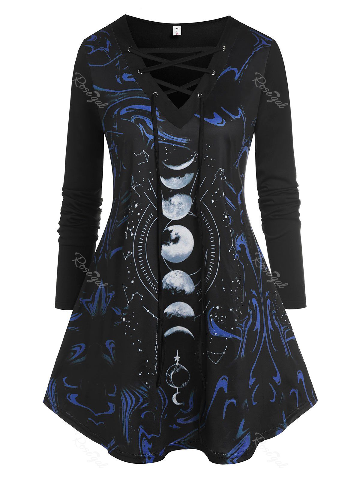 Affordable Lace Up Front Moon Printed Plus Size Top  
