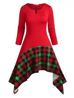 Plus Size Plaid Asymmetric Midi Dress - RED - 1X