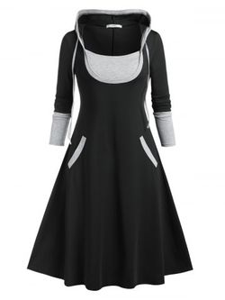 Plus Size Hooded Contrast Color A Line Dress - BLACK - 4X