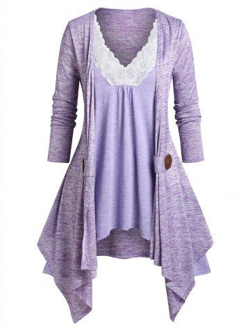 Plus Size Asymmetric Open Front Cardigan and Lace Panel Tank Top